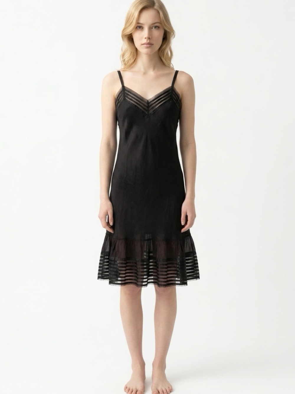 Vintage Black Satin Mesh Trim Slip Dress Ruffle Hem Grunge Goth 90s Y2K V-Neck